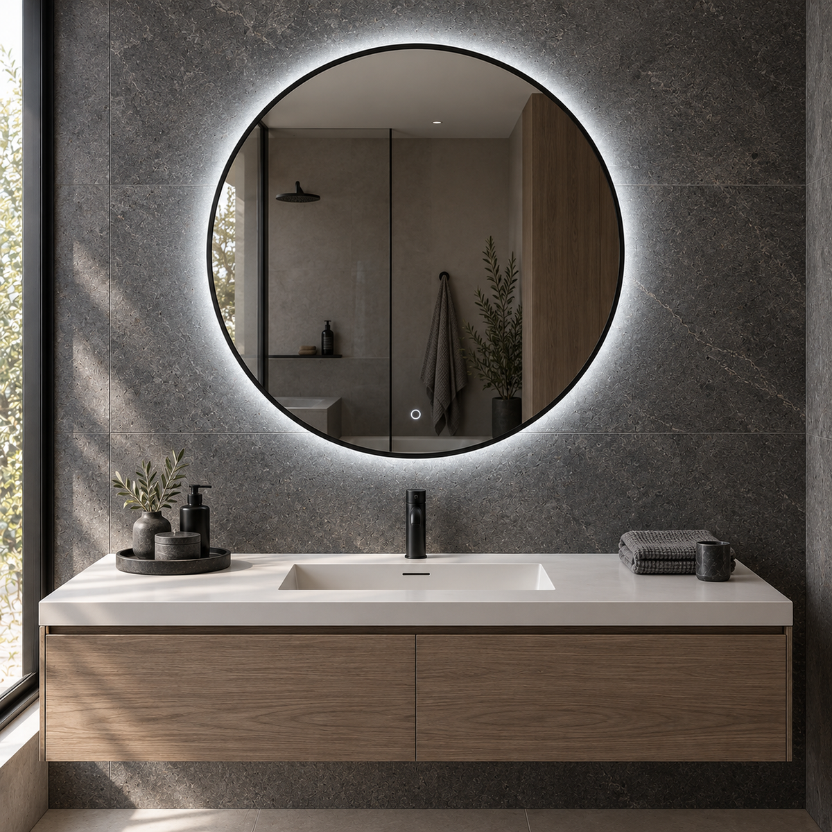Runder LED-Spiegel Ø140 cm, schwarzer Slim-Rahmen, Touch-Schalter – Produktbild 1
