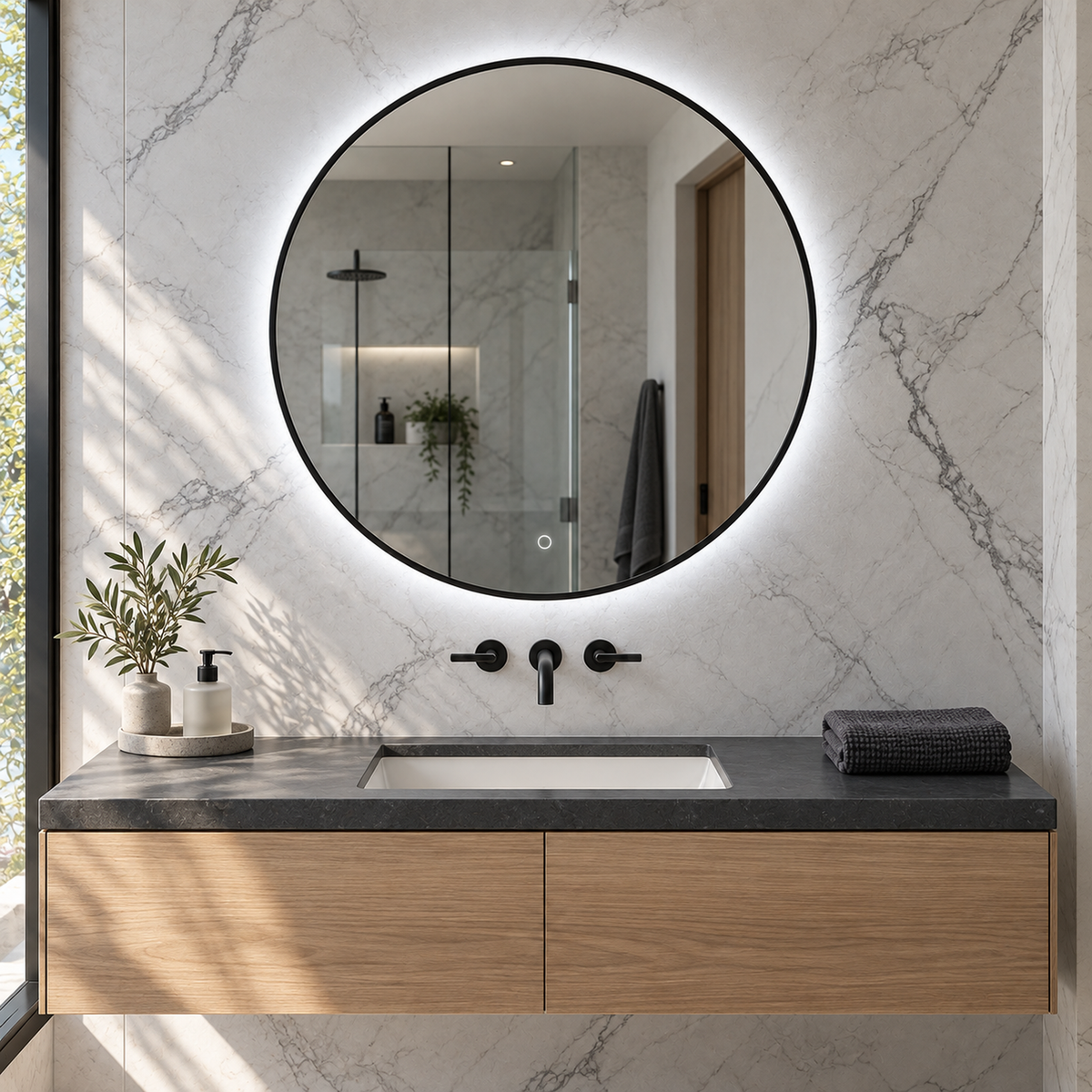 Runder LED-Spiegel Ø140 cm, schwarzer Slim-Rahmen, Touch-Schalter – Produktbild 3