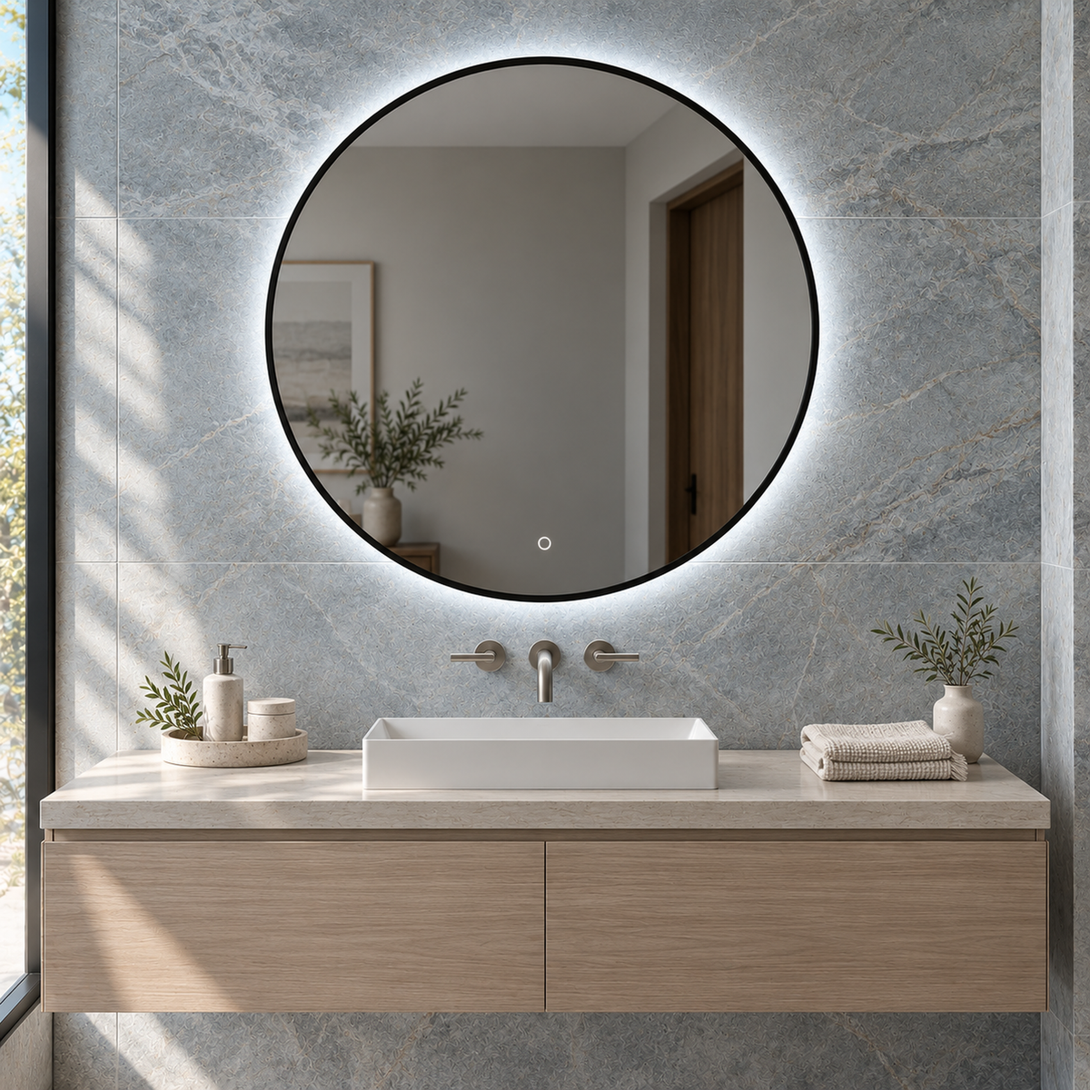 Runder LED-Spiegel Ø90 cm, schwarzer Slim-Rahmen, Touch-Schalter – Produktbild 1