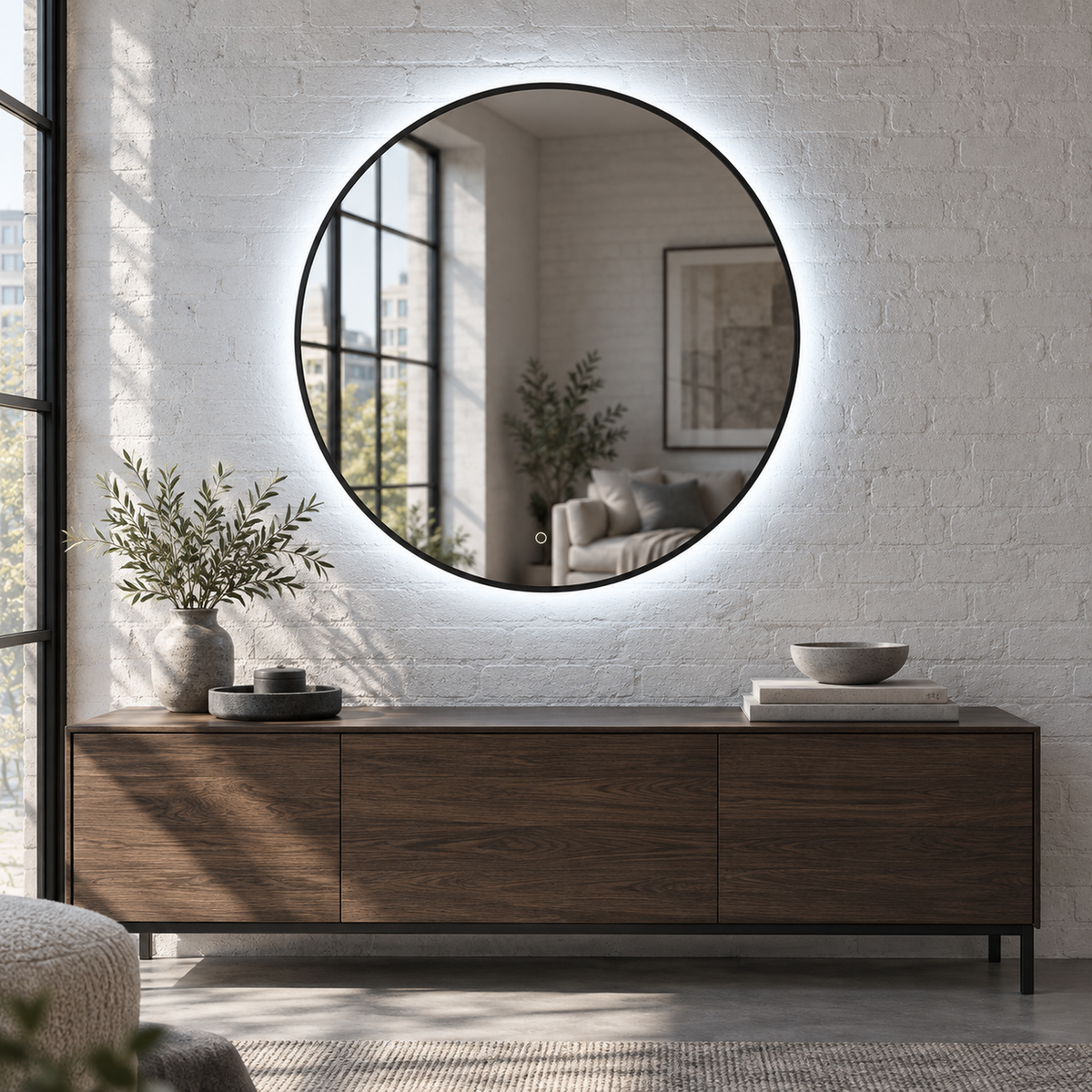 Runder LED-Spiegel Ø90 cm, goldfarbener Slim-Rahmen, Touch-Schalter – Produktbild 3