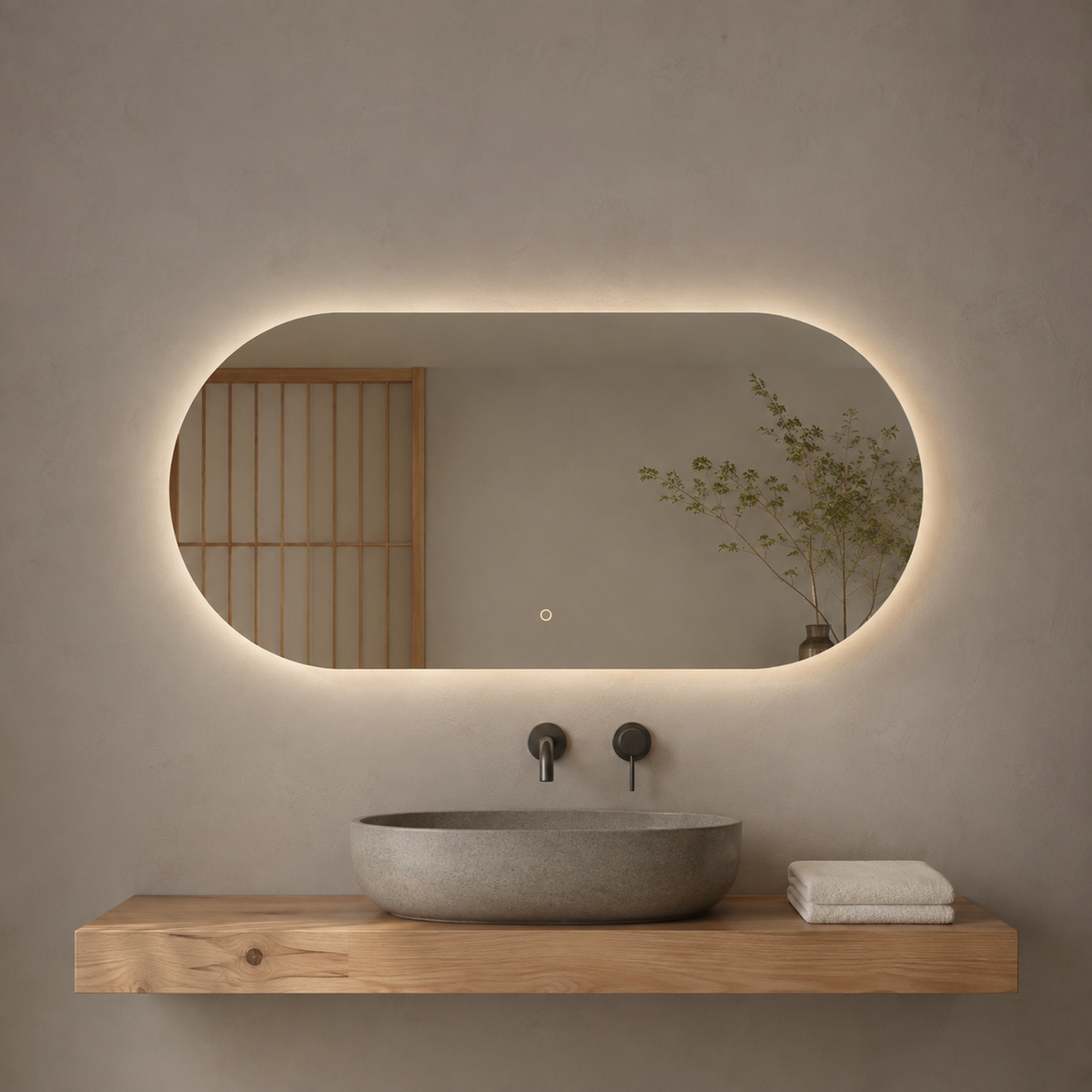 Ovaler LED-Wandspiegel 110 × 20 cm, rahmenlos, Wandschalter – Produktbild 2