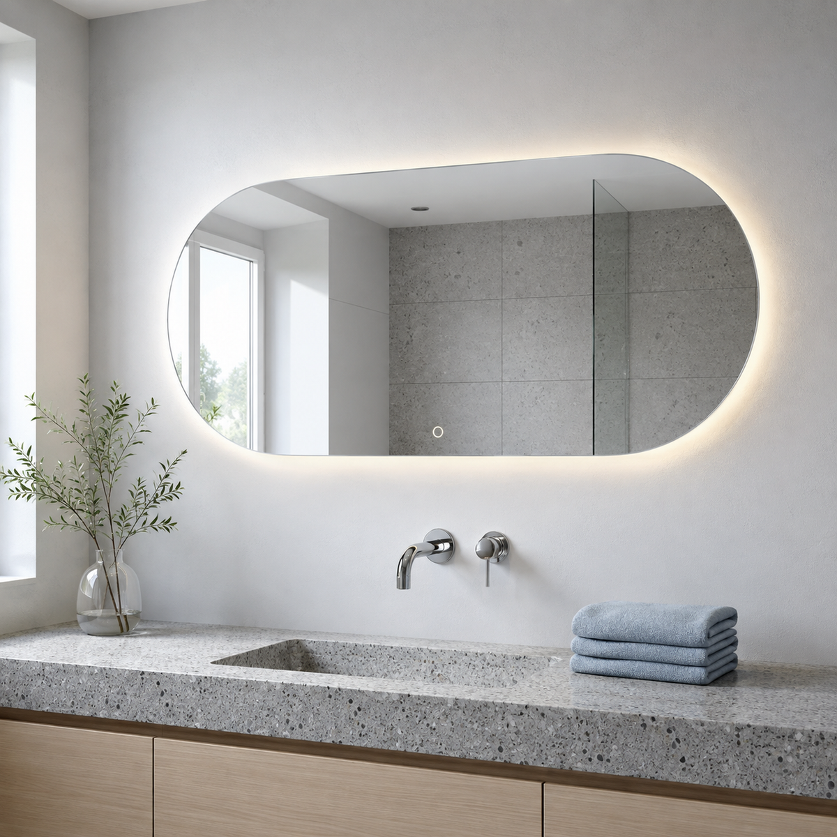Ovaler LED-Wandspiegel 110 × 20 cm, rahmenlos, Wandschalter – Produktbild 5
