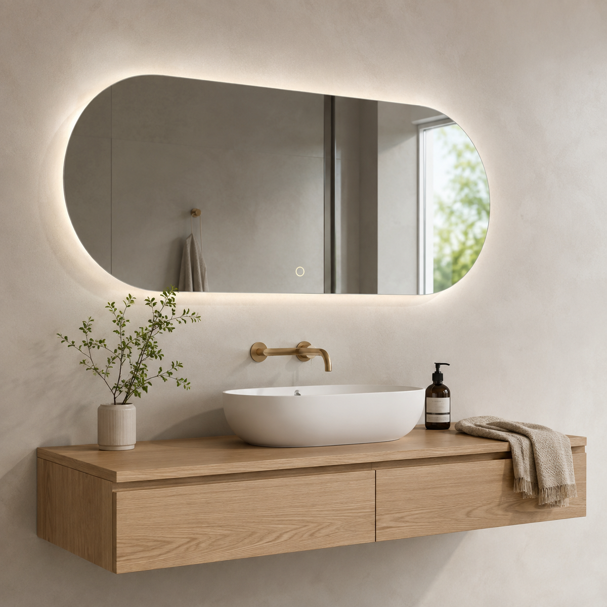 Ovaler LED-Wandspiegel 50 × 20 cm, rahmenlos, Wandschalter – Produktbild 1