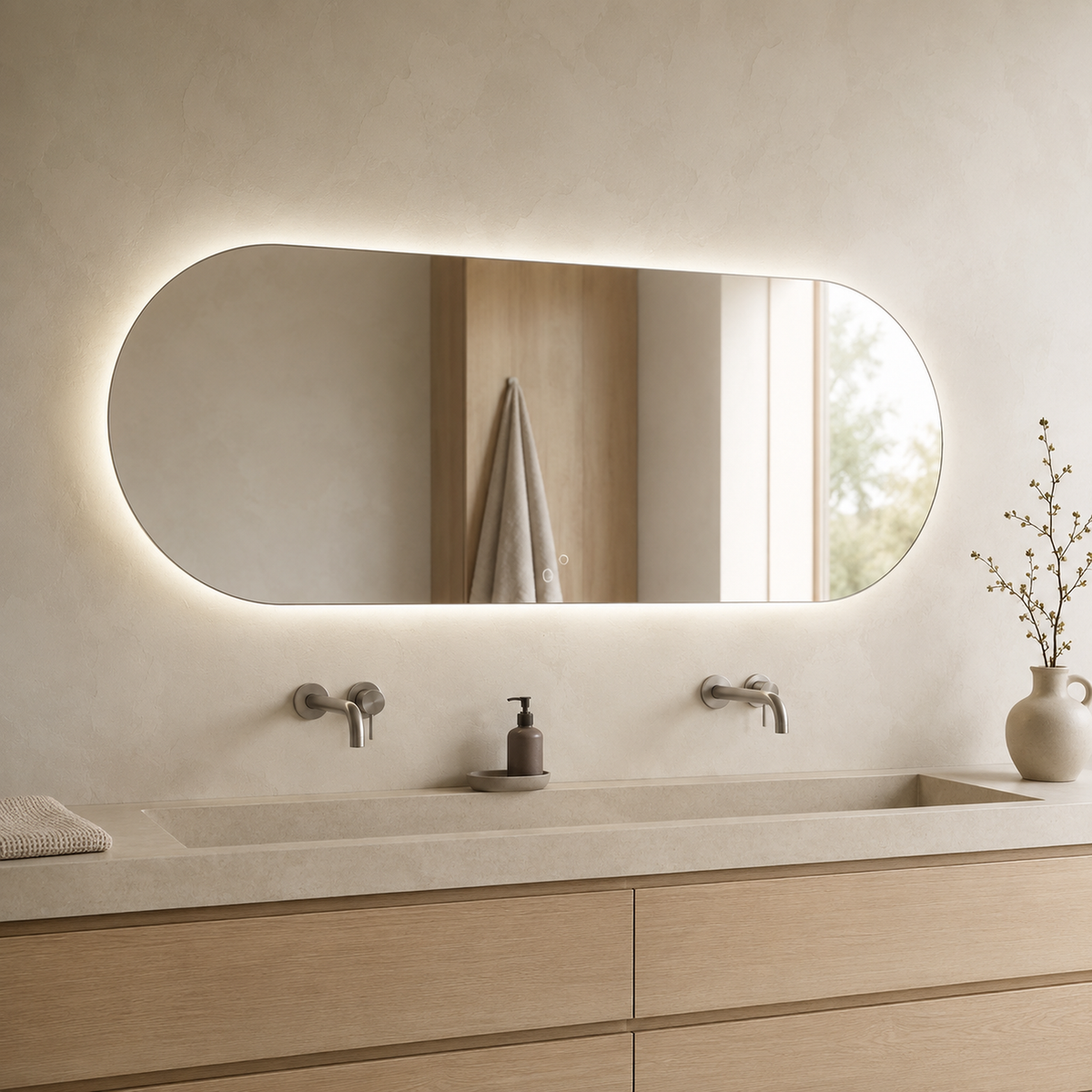 Ovaler LED-Spiegel 130 × 120 cm, Handgestensensor – Produktbild 1