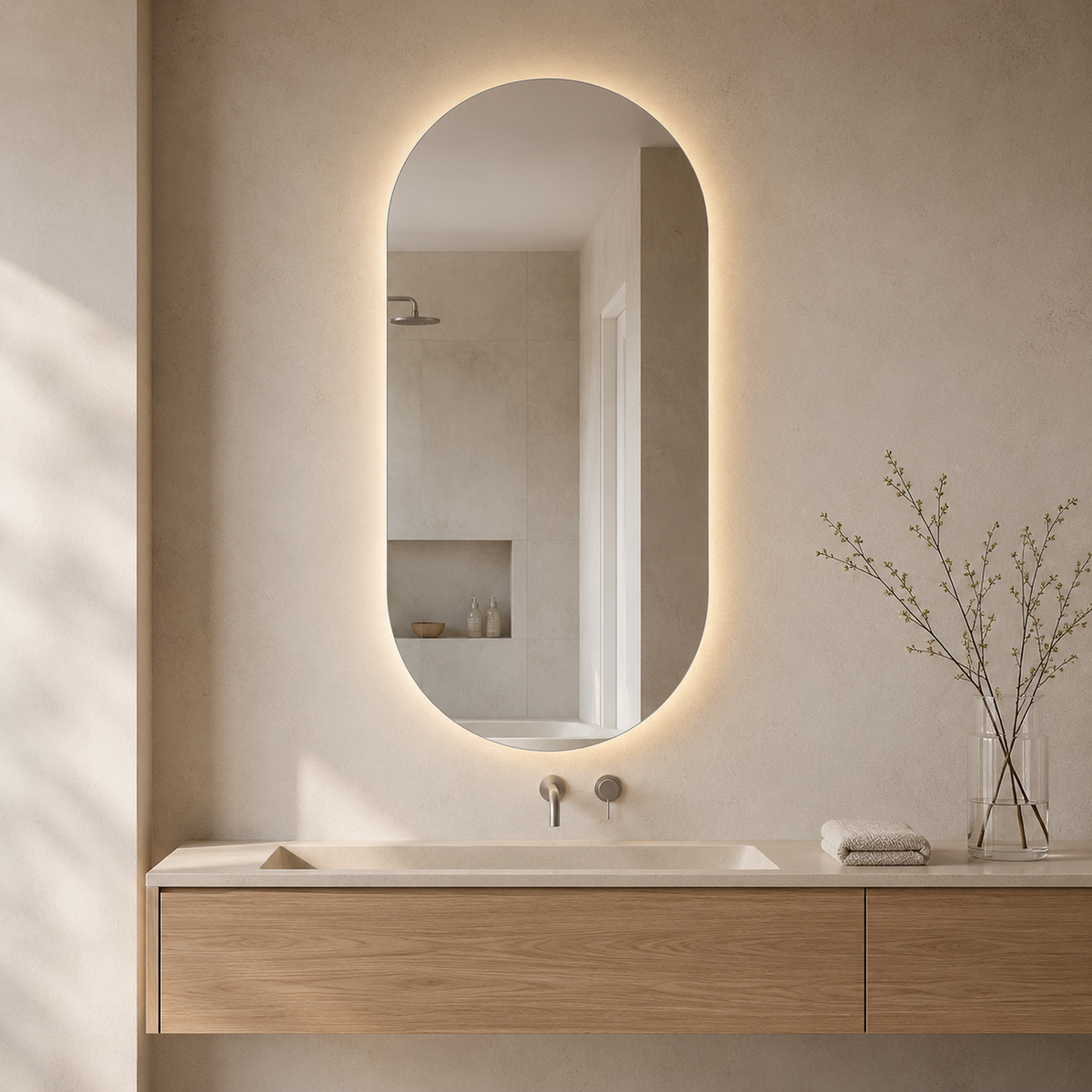 Ovaler LED-Wandspiegel 20 × 50 cm, rahmenlos, Touch-Schalter – Produktbild 2