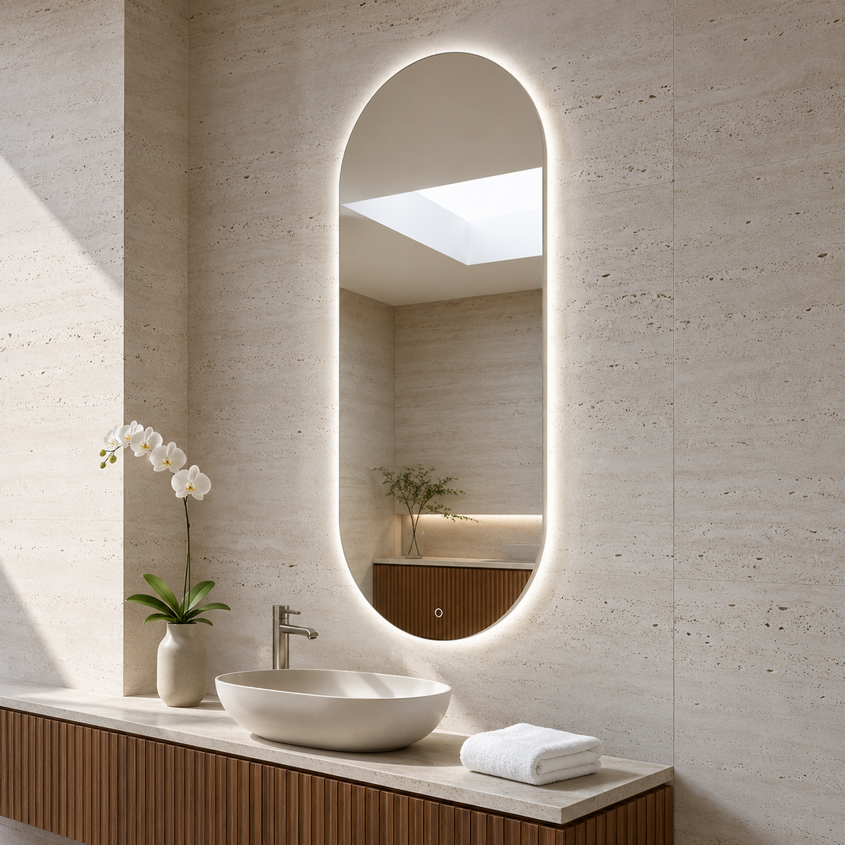 Ovaler LED-Spiegel 130 × 140 cm, Handgestensensor – Produktbild 1