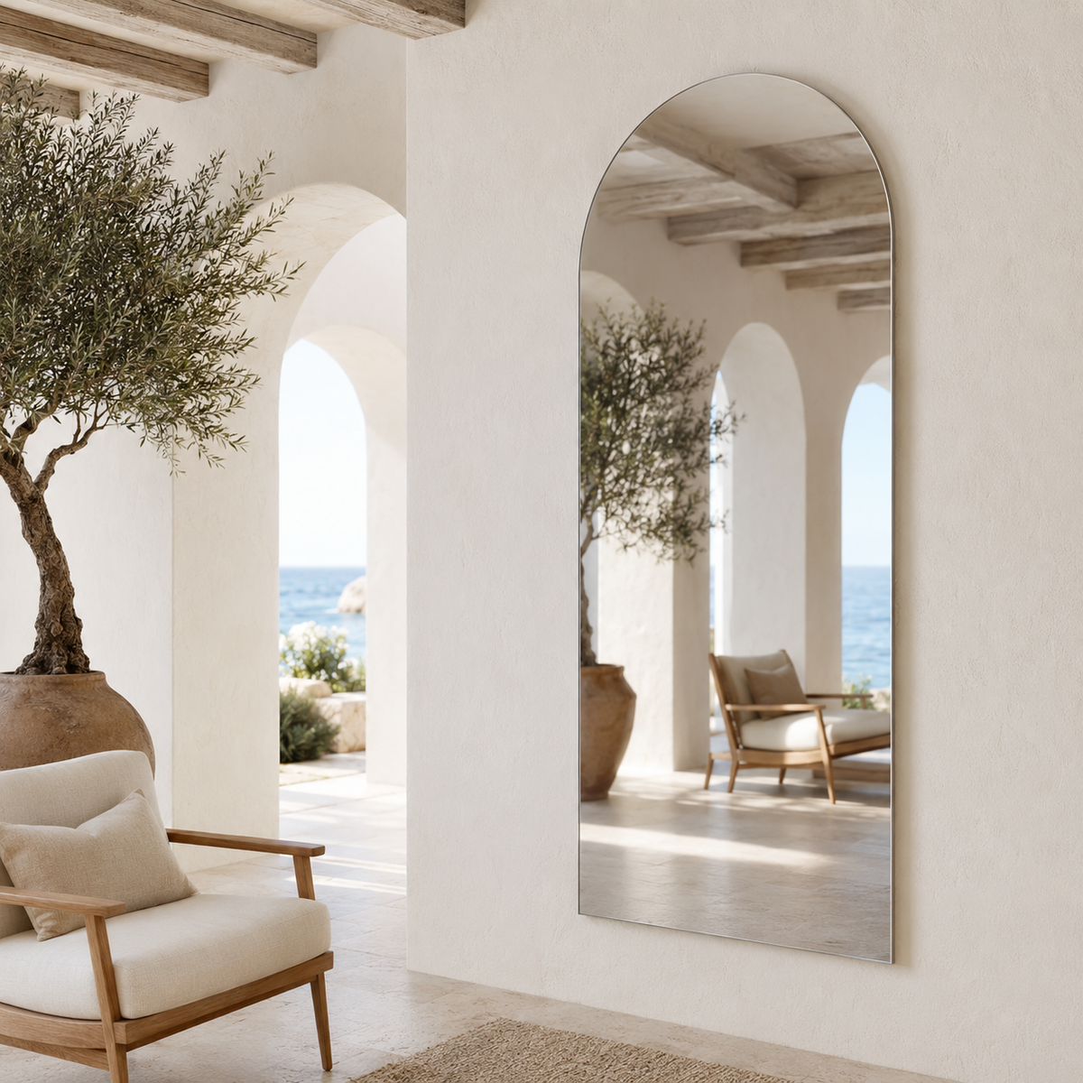 Bogenspiegel 130 × 150 cm, rahmenlos, mit Spiegelaufhängungen und Dübeln – Ansicht 2
