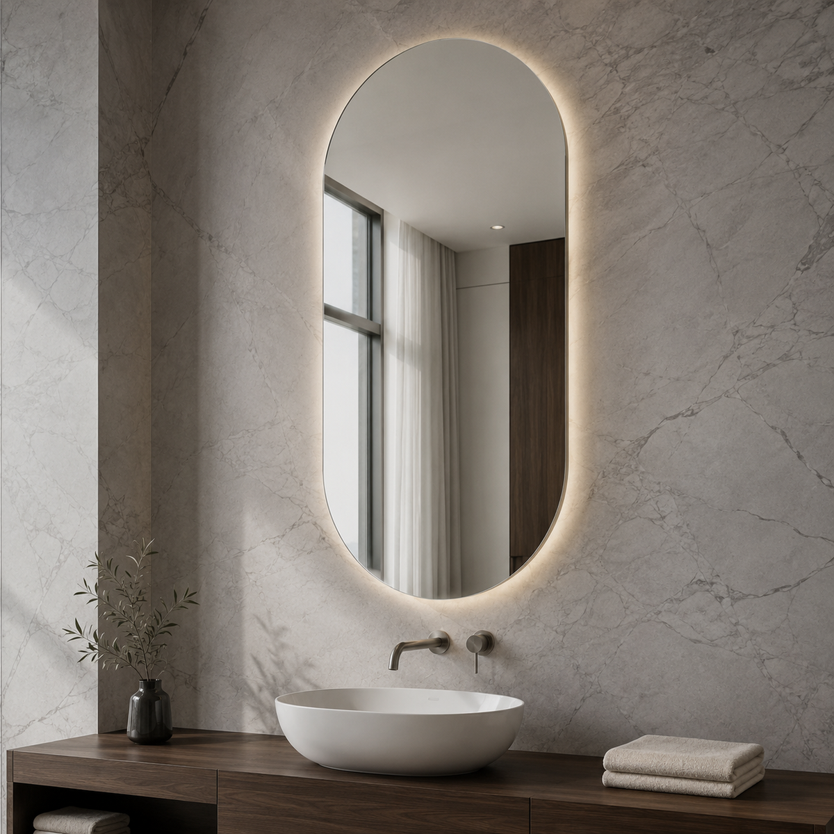 Ovaler LED-Spiegel 90 × 110 cm, Wandschalter – Produktbild 3