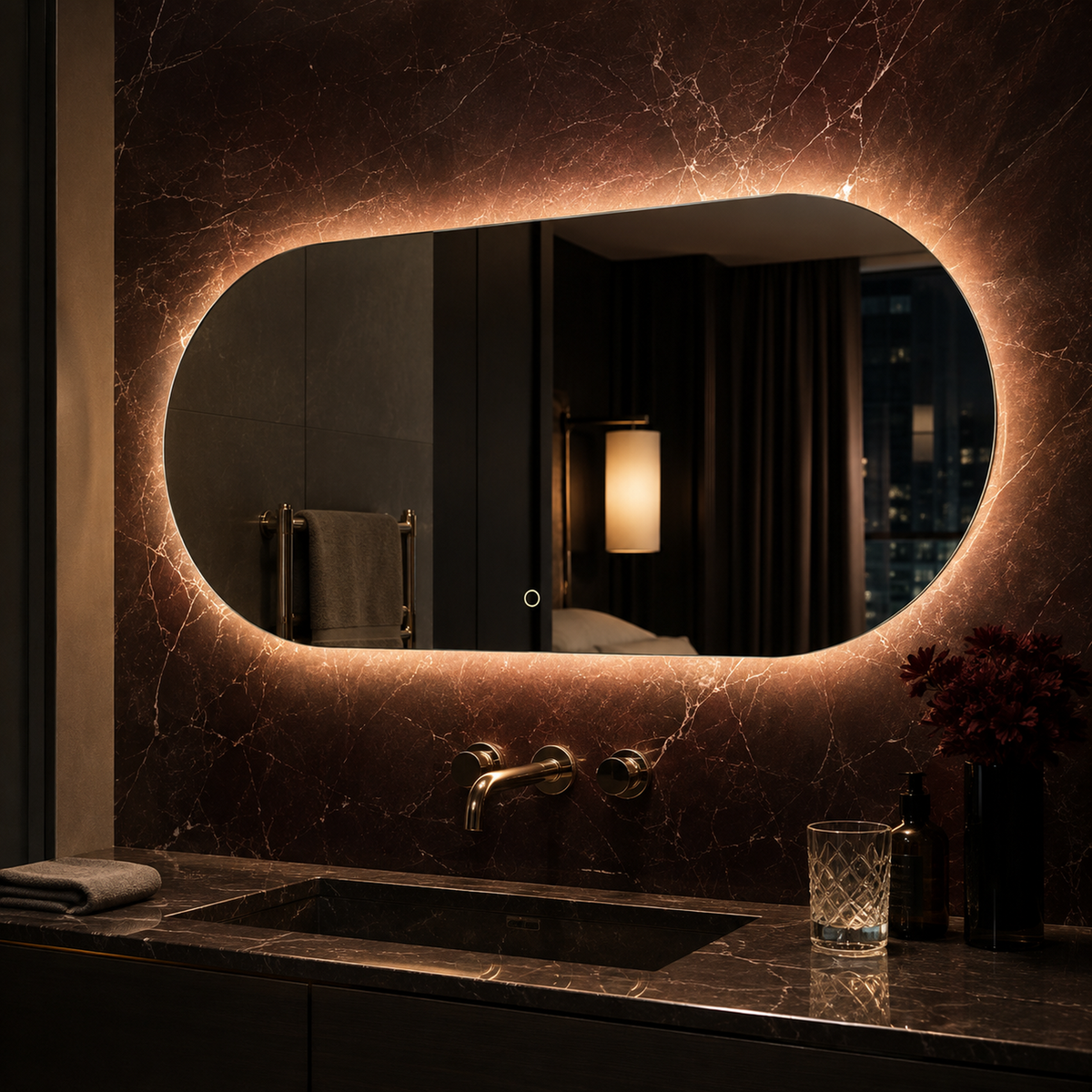 Ovaler LED-Wandspiegel 40 × 20 cm, rahmenlos, Wandschalter – Produktbild 2