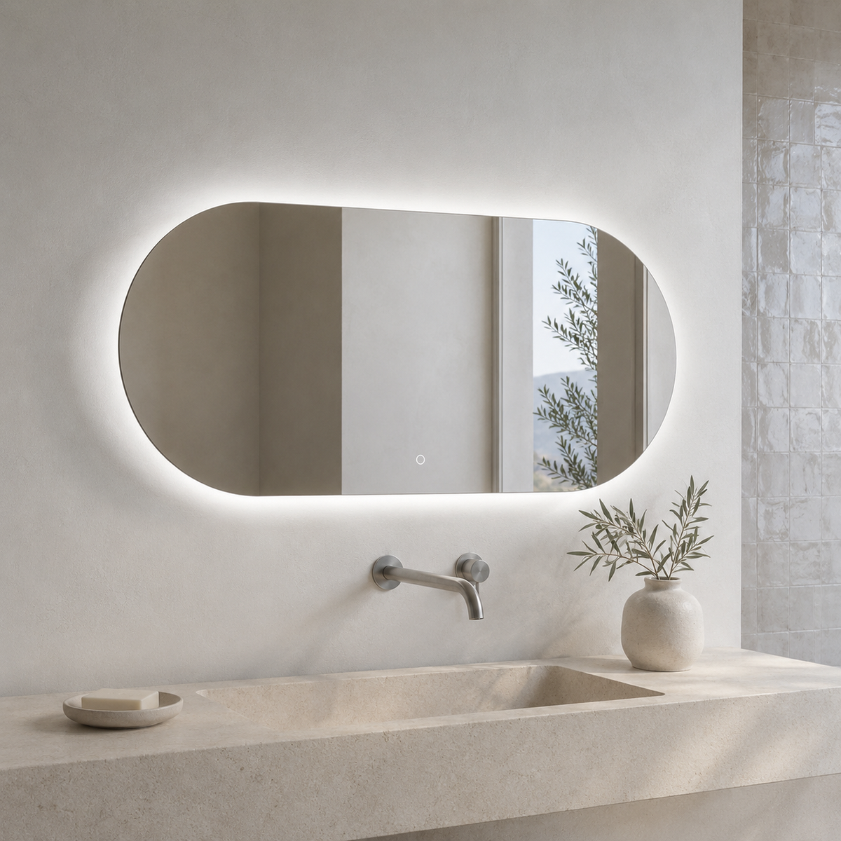 Ovaler LED-Wandspiegel 50 × 20 cm, rahmenlos, Handgestensensor – Produktbild 2