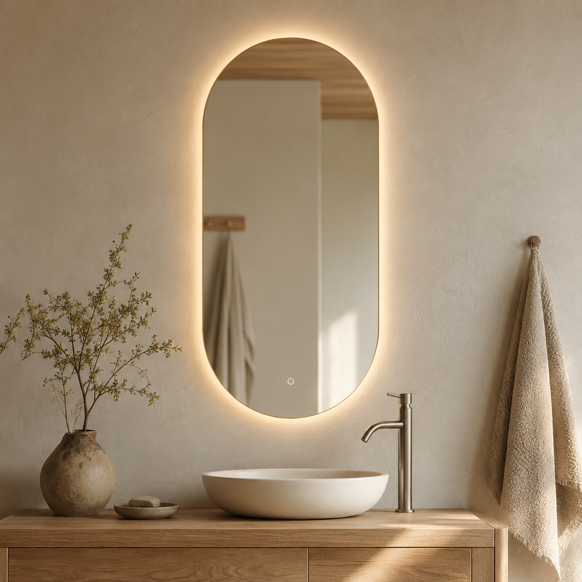 Ovaler LED-Wandspiegel 30 × 50 cm, rahmenlos, Wandschalter – Produktbild 2