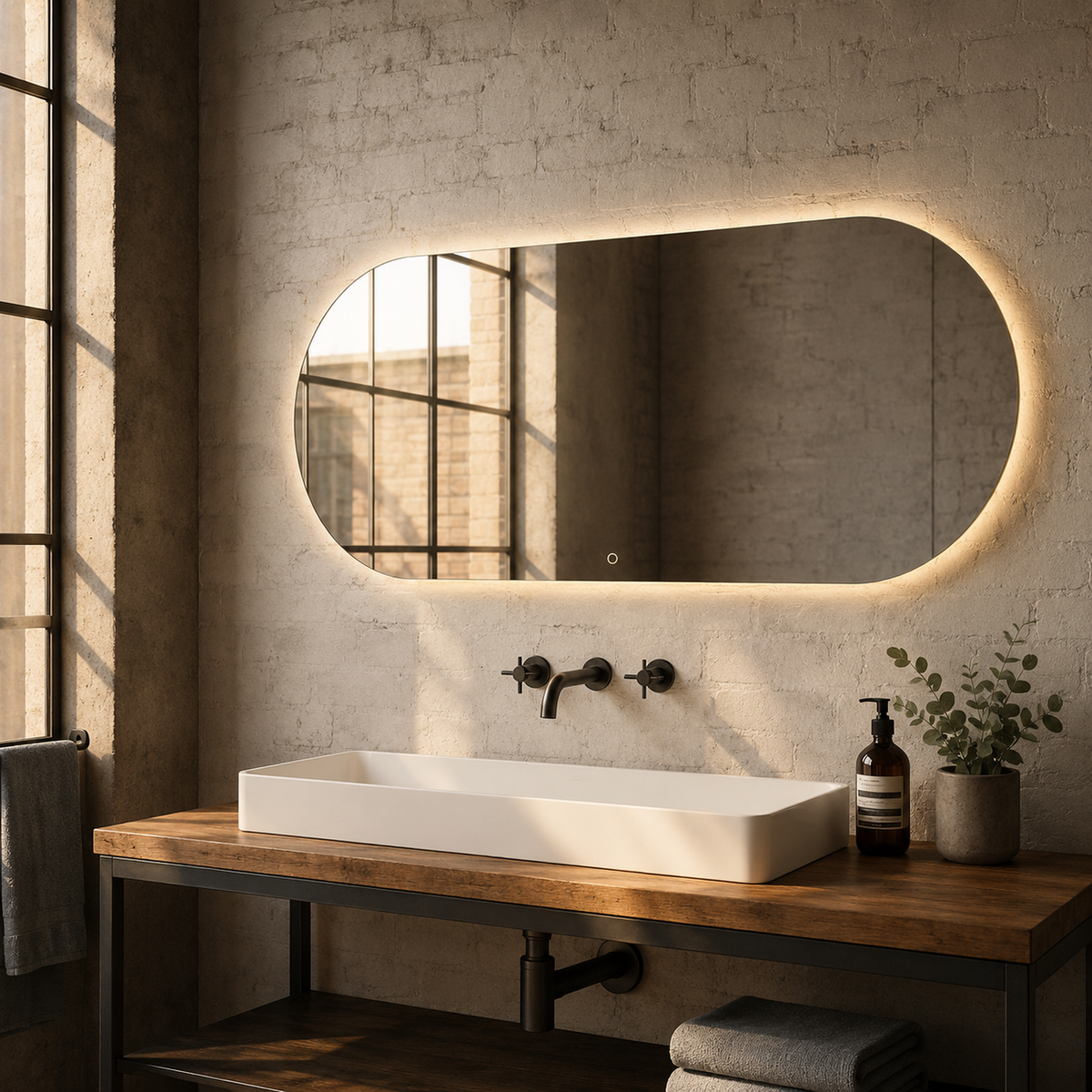 Ovaler LED-Wandspiegel 110 × 20 cm, rahmenlos, Touch-Schalter – Produktbild 5