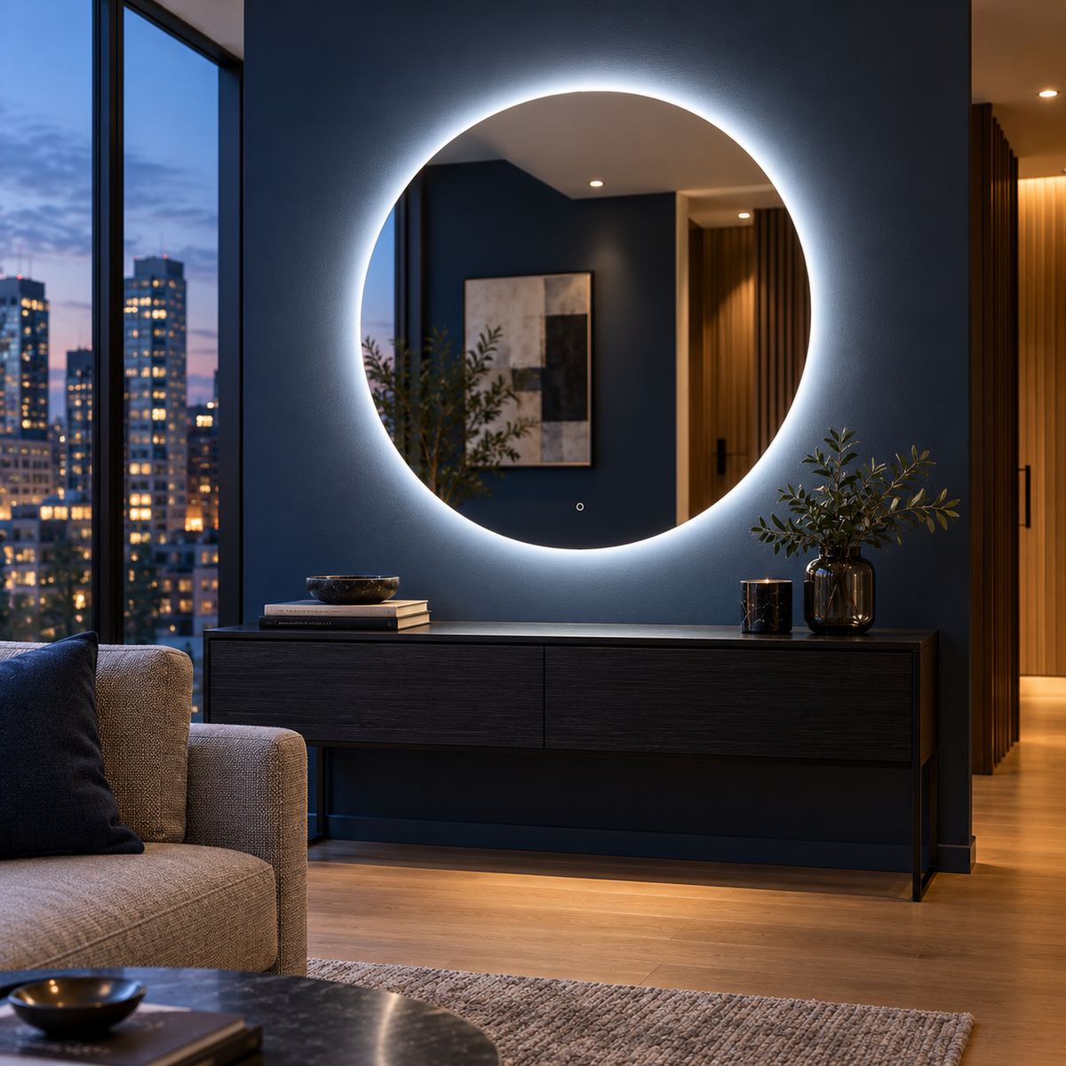 Runder LED-Spiegel Ø110 cm, rahmenlos, Touch-Schalter – Produktbild 3
