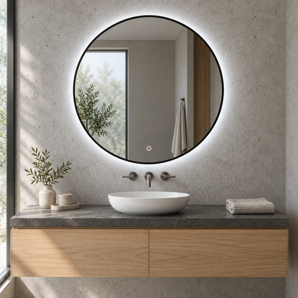 Runder LED-Spiegel Ø160 cm, rosa Slim-Rahmen, Wandschalter – Produktbild 2