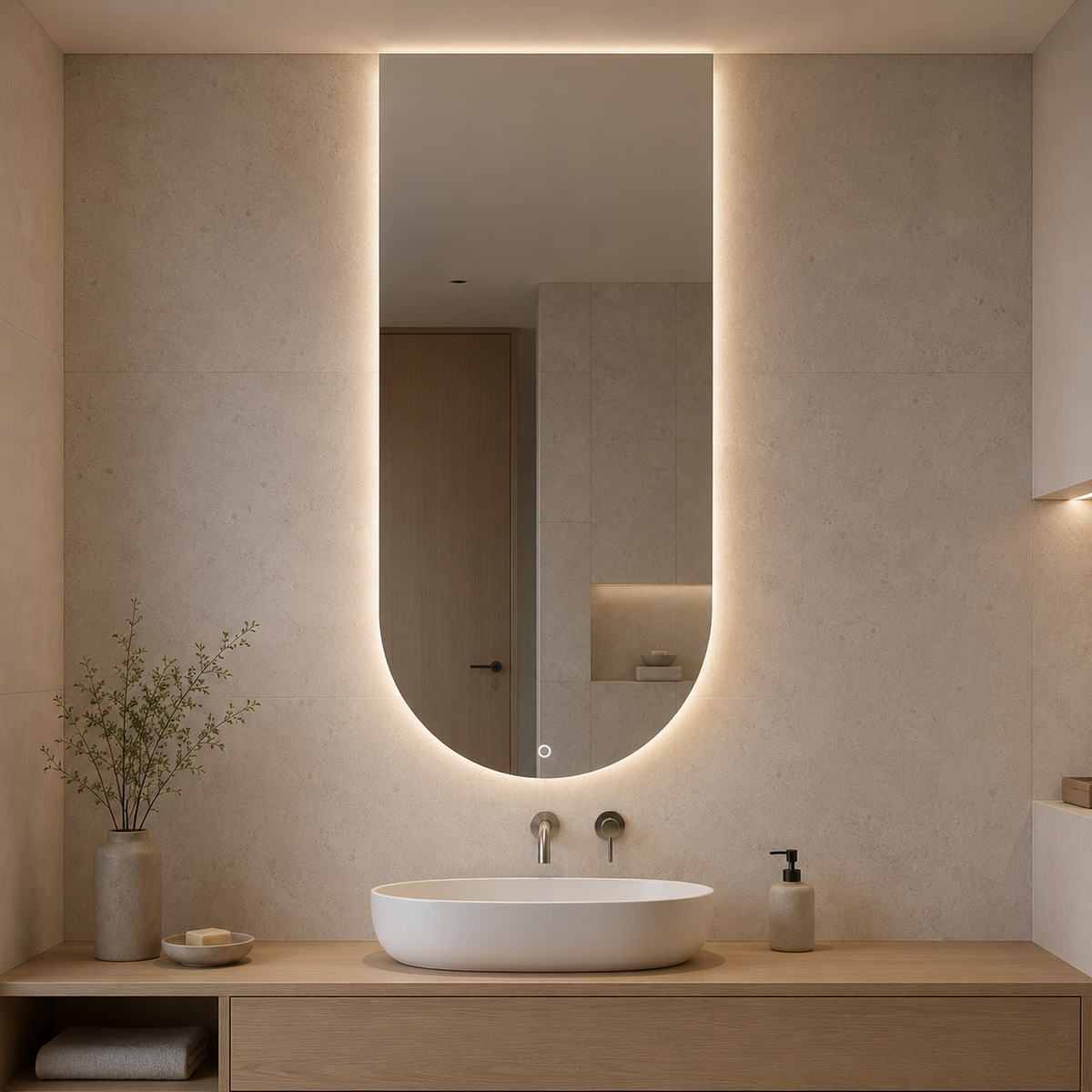 Halbovaler LED-Spiegel 20 × 50 cm, Handgestensensor – Produktbild 2